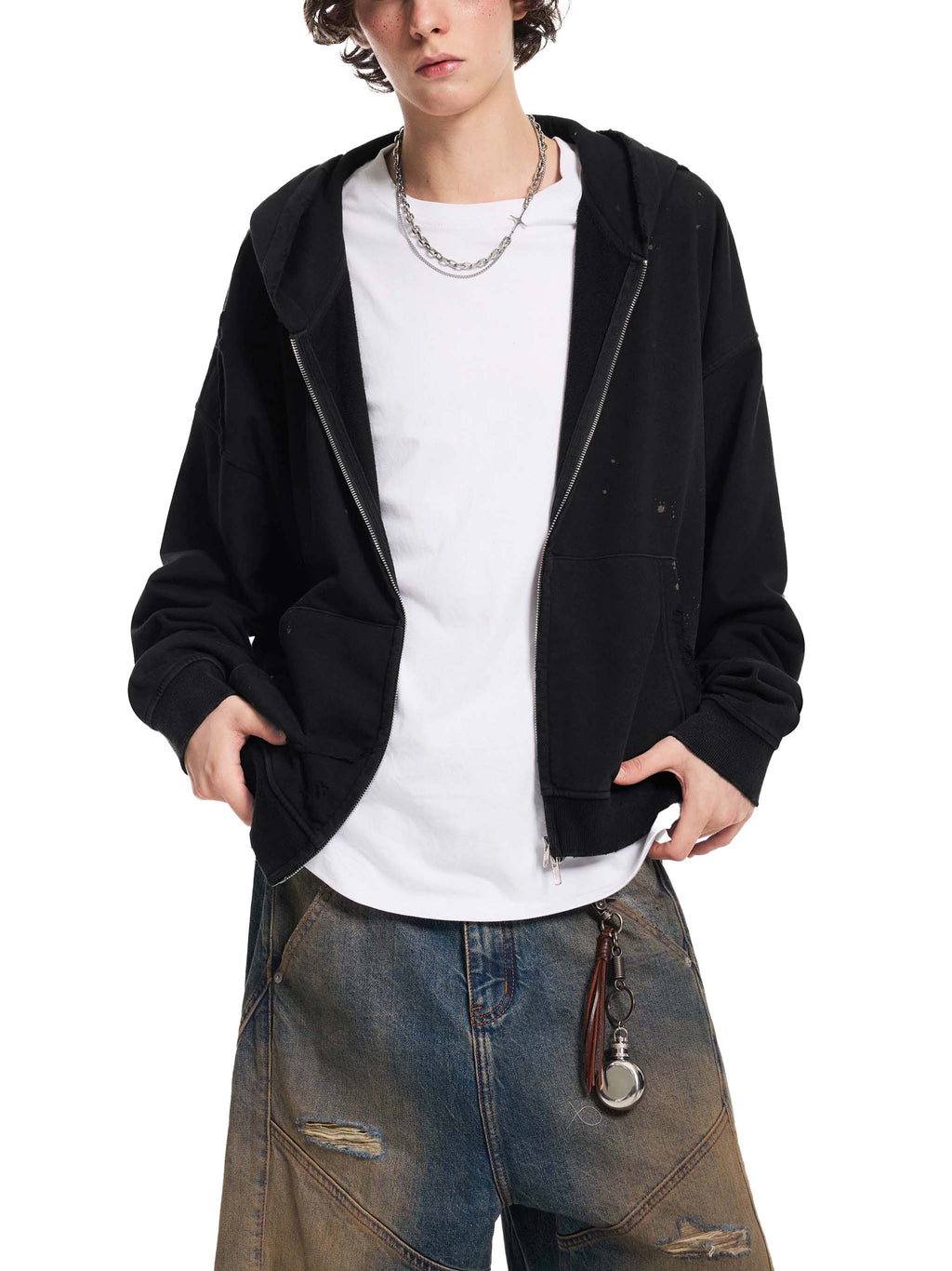 Sun Fade Frayed Raw Edge Fleece Zip Hoodie