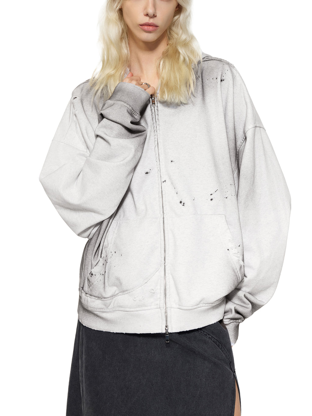 Sun Fade Frayed Raw Edge Fleece Zip Hoodie