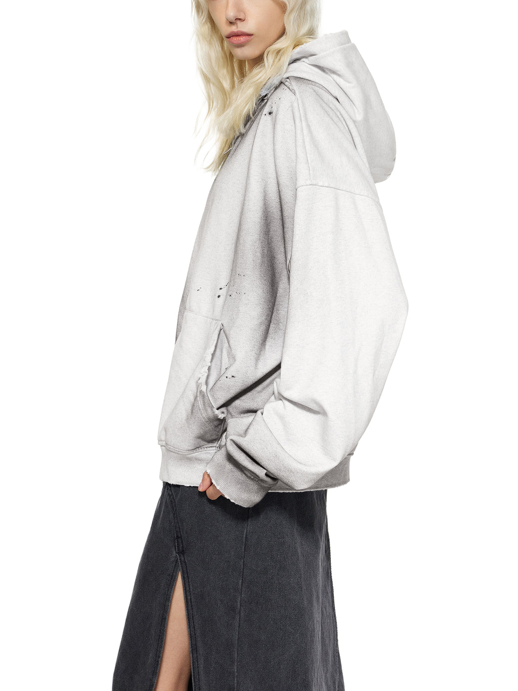 Sun Fade Frayed Raw Edge Fleece Zip Hoodie